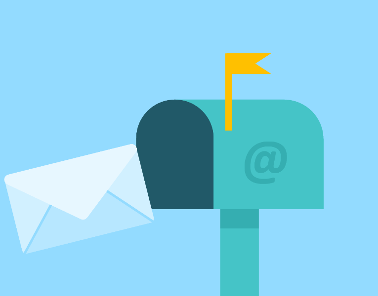 A flat design illustration of an open teal mailbox with an "@" symbol on the side and a yellow flag raised. A white envelope is positioned inside the mailbox opening against a solid light blue background.